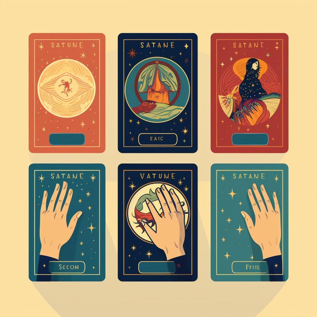 A hand hovering over three tarot spreads, each labeled with one of the mentioned spread names.