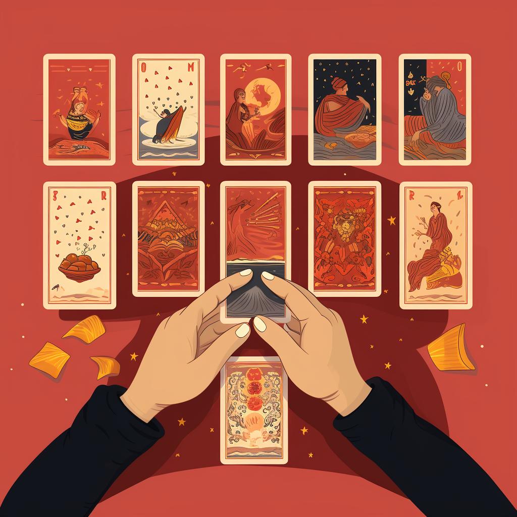 Hands shuffling a tarot deck and drawing cards to place in a specific spread.