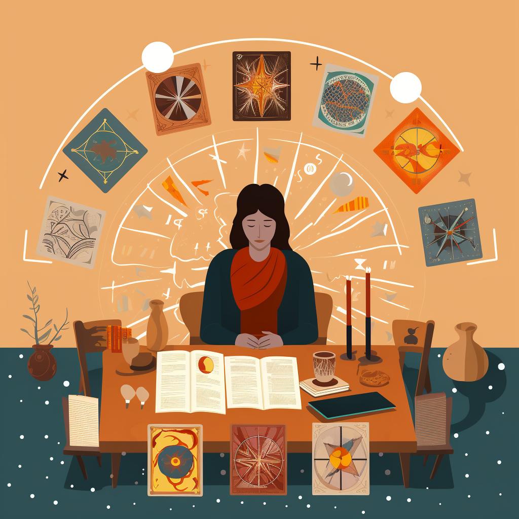 A person studying tarot cards laid out in a spread, with a book of tarot meanings nearby.