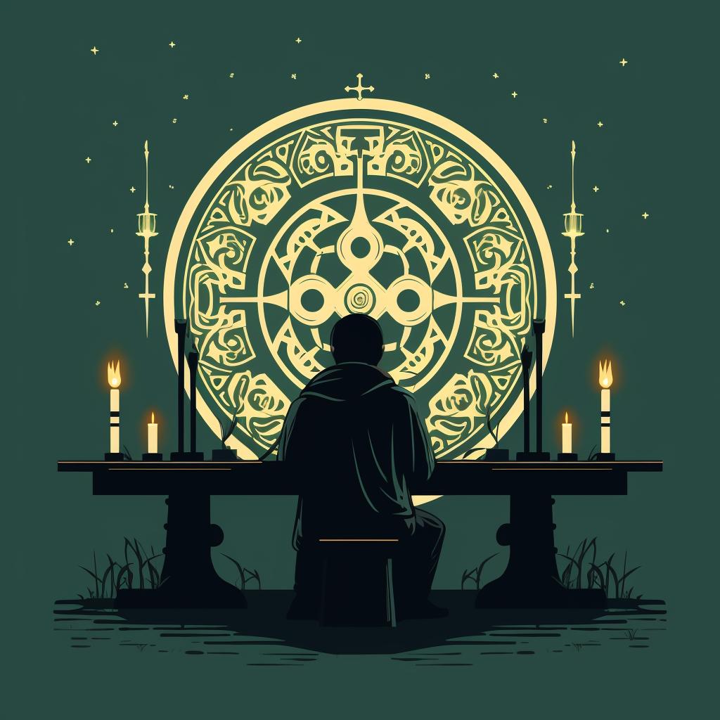 Person contemplating a Celtic Cross tarot spread